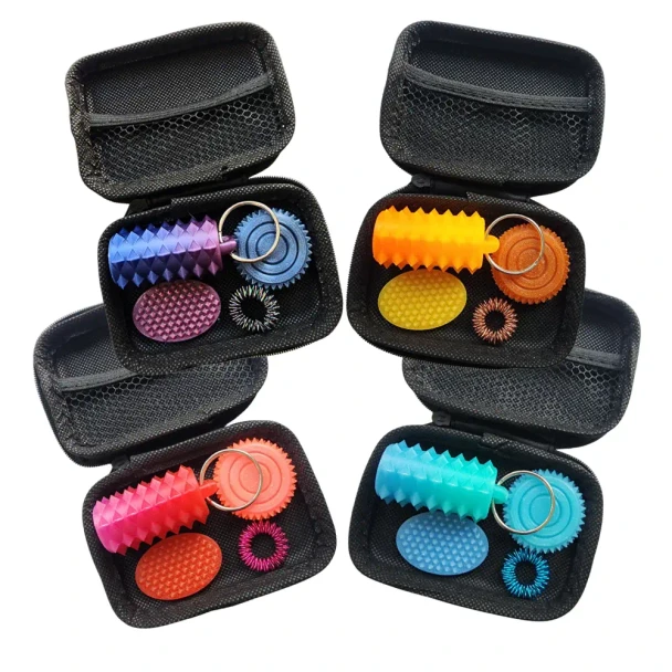 Harm Minimisation Fidget Kit – Special Glitter Edition includes four intense tactile fidgets, a zip-up carry case and a FREE matching keychain. Designed for older teens and adults seeking strong sensory input.