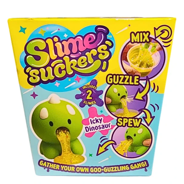 Mix, feed, squeeze and spew with Slime Suckers - Mini Icky Dinosaur! Includes 2 slimes, chunder charms and putrid pearls for gross sensory fun.