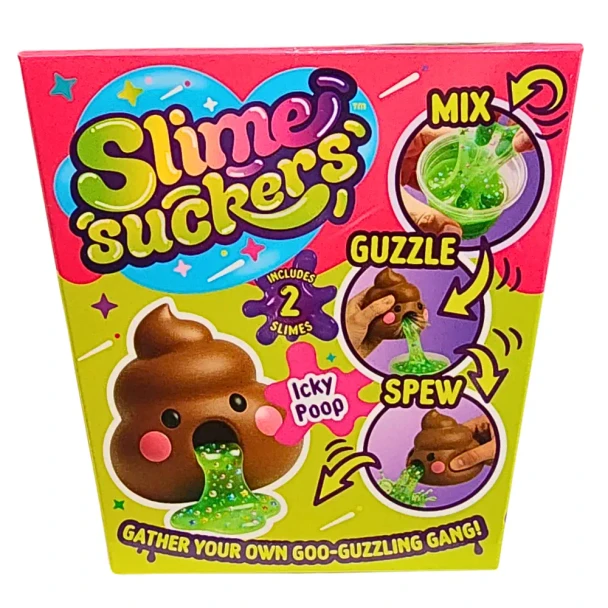 Mix, feed, squeeze and spew with Slime Suckers - Mini Icky Poop. Includes 2 slimes, chunder charms and putrid pearls for silly sensory fun.
