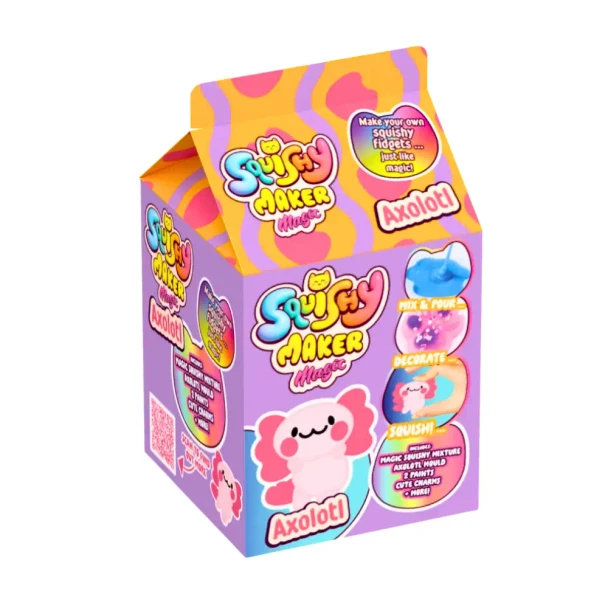 Mix, pour, decorate and squish with the Squishy Maker Magic - Mini Axolotl! Create your own cute axolotl squishy with this fun DIY craft kit.