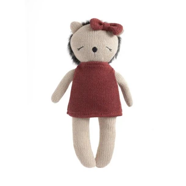 Meet Helen the Hedgehog, a soft 100% cotton knitted toy with plush detailing, embroidered features and a cosy dress. Perfect for cuddles and sensory play.