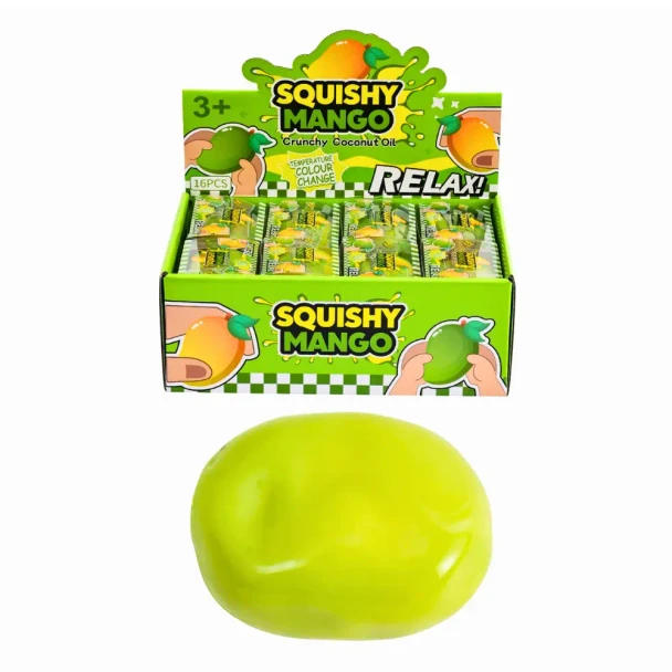 Squishy Colour Change Crunchy Coconut Oil Mango with a soft outer skin and textured filling for satisfying sensory play, fidgeting and stress relief.