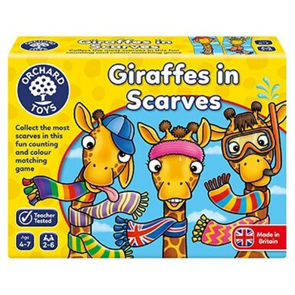 How many scarves can you collect? Roll the dice, pick a card and build your giraffe in this fun Orchard Toys - Giraffes in Scarves Game.