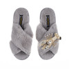 Laines London Classic Grey Slippers with Pearl & Gold Lobster Brooch