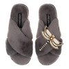 Laines London Classic Grey Slippers with Dragonfly Brooch
