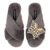 Laines London Classic Grey Slippers with Butterfly Brooch