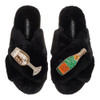 Laines London Classic Black Slippers with Double Champagne Brooch