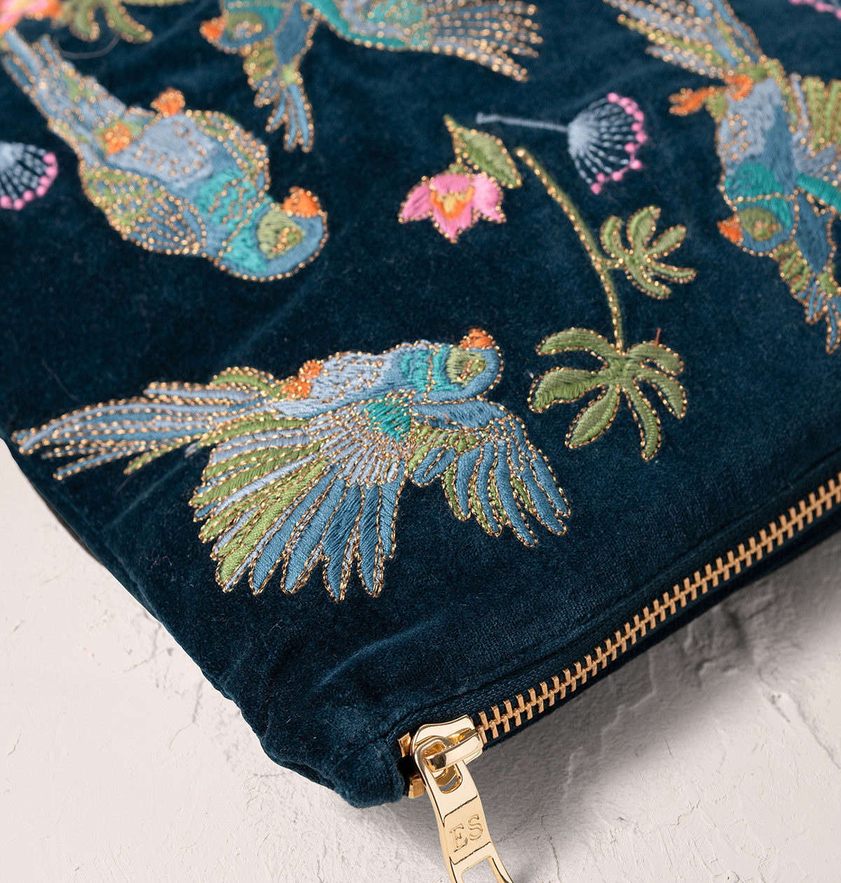 Elizabeth Scarlett Flying Parrots Ink Blue Velvet Everyday Pouch