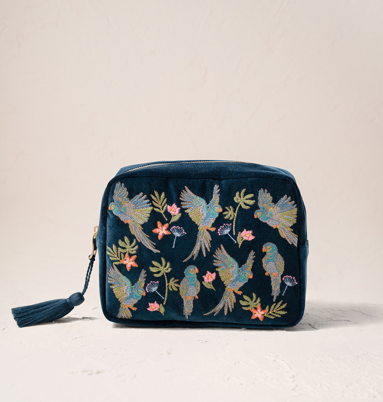 【Elizabeth Scarlett】Flying Parrots Wash Bag ポーチ Elizabeth Scarlett Flying Parrots Ink Blue Velvet Wash Bag