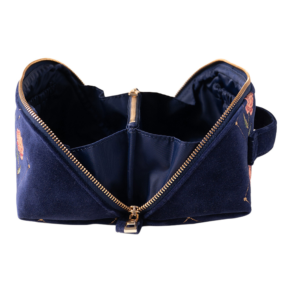 Elizabeth Scarlett Rose Navy Velvet Open Flat Makeup Bag | Bath