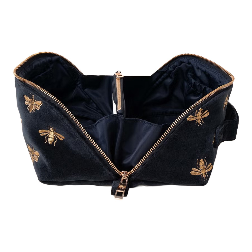 Elizabeth Scarlett Honey Bee Charcoal Velvet Open Flat Makeup Bag