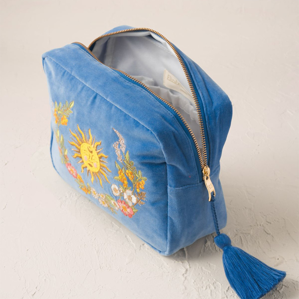 Elizabeth Scarlett Floral Sun Goddess Velvet Wash Bag - Cornflower