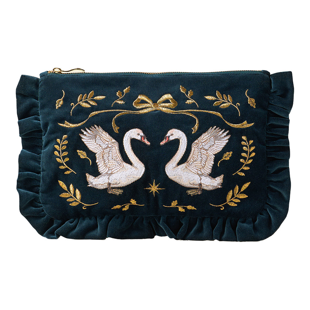 Elizabeth Scarlett Majestic Swans Velvet Frill Pouch - Ink Blue
