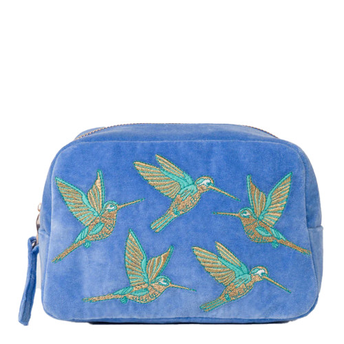 Elizabeth Scarlett Hummingbird Light Blue Velvet Makeup Bag