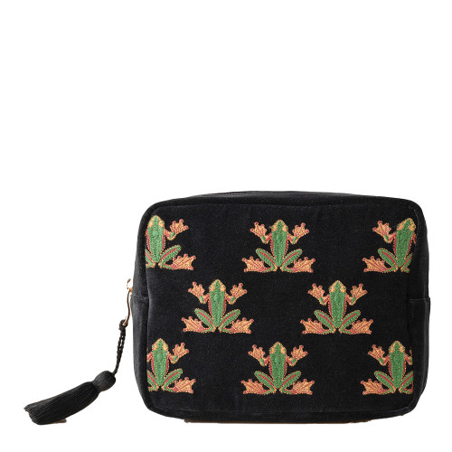 Elizabeth Scarlett Tree Frogs Charcoal Velvet Wash Bag Elizabeth Scarlett Tree Frogs Charcoal Velvet Wash Bag