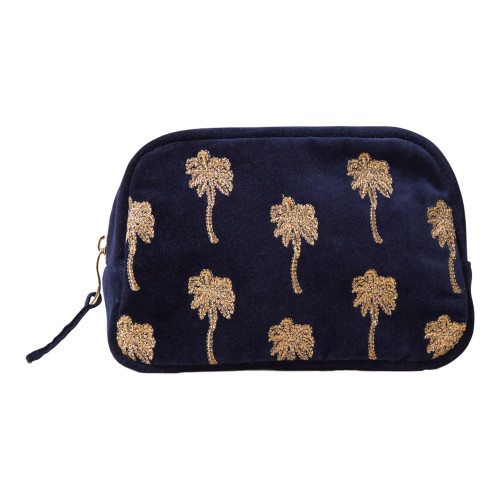 Elizabeth Scarlett Gold Palm Velvet Makeup Bag - Navy