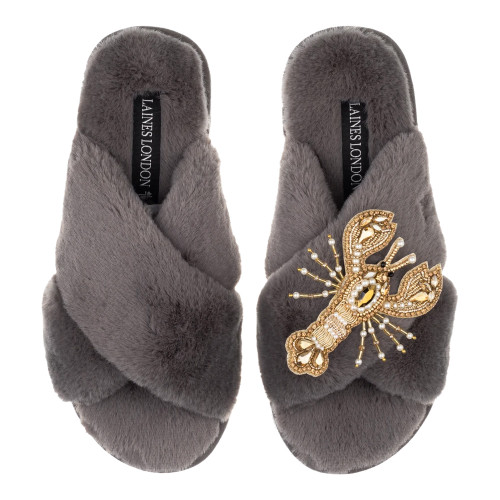 Laines London Classic Grey Slippers with Gold Lobster Brooch