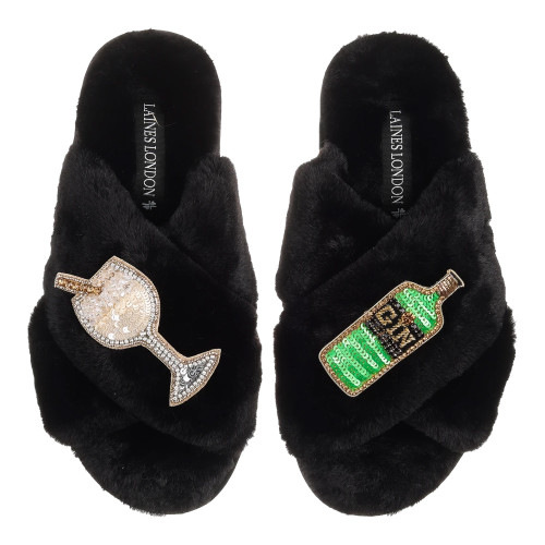 Laines London Classic Black Slippers with Double Original Gin Brooch
