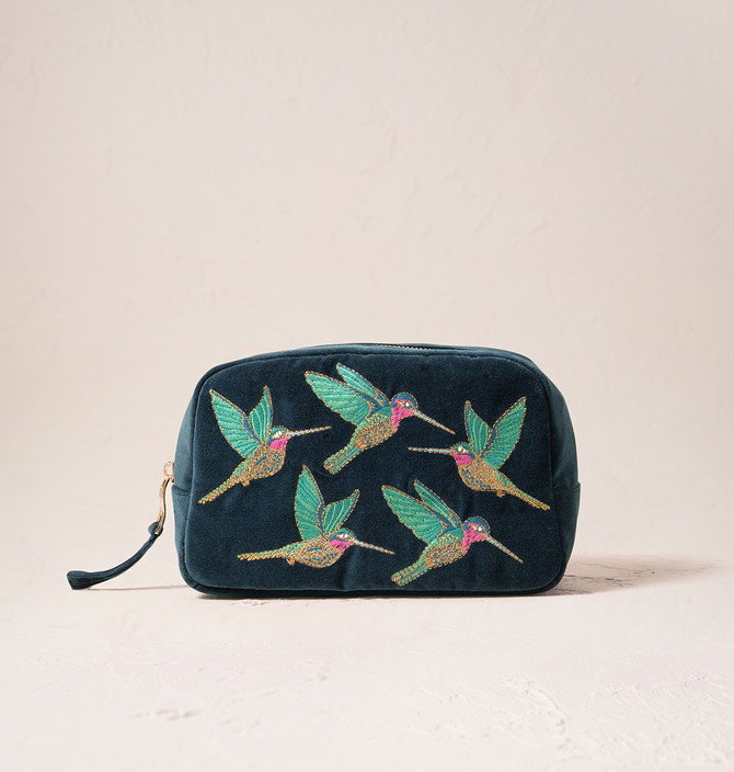 Elizabeth Scarlett Hummingbird Ink Blue Velvet Makeup Bag