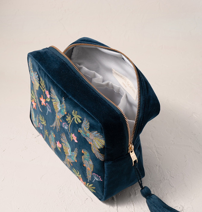 Elizabeth Scarlett Flying Parrots Ink Blue Velvet Wash Bag