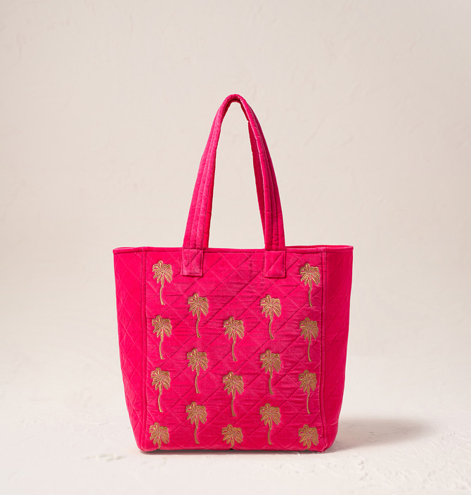 Elizabeth Scarlett Gold Palm Velvet Tote Pink