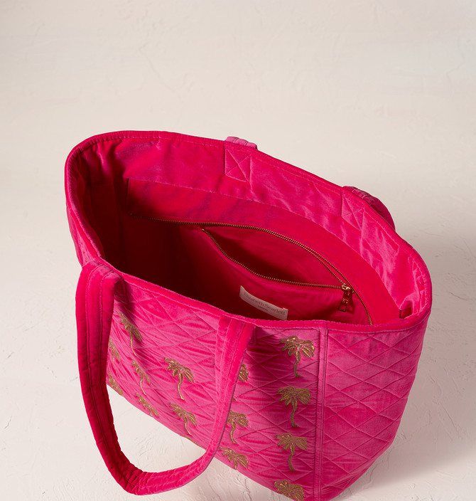 Elizabeth Scarlett Gold Palm Velvet Tote Pink