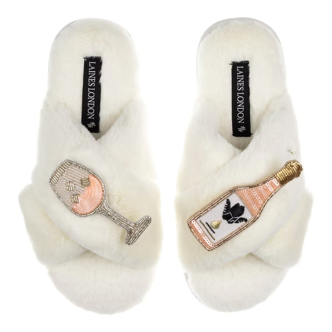 Laines London Classic Angelic Rose Wine & Glass Cream Slipper UK 8-9