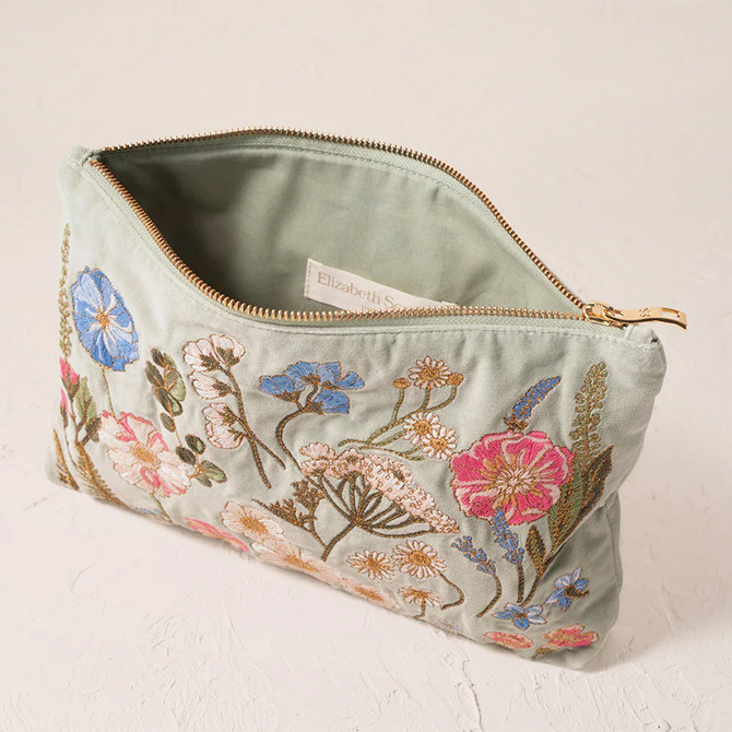 Elizabeth Scarlett Pressed Flowers Velvet Everyday Pouch - Sage