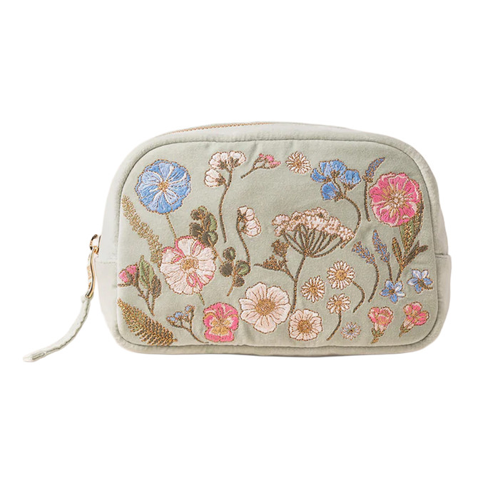 Elizabeth Scarlett Pressed Flowers Velvet Sage Makeup Bag