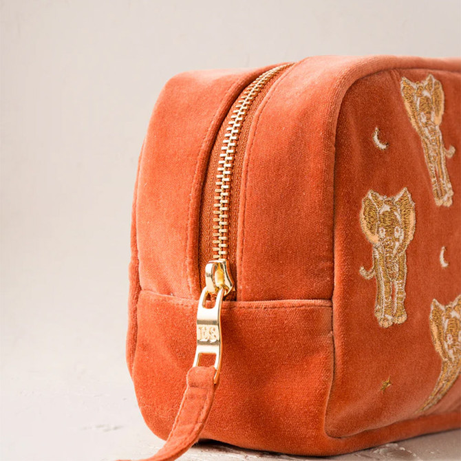 Elizabeth Scarlett Golden Elephants Velvet Rust Makeup Bag