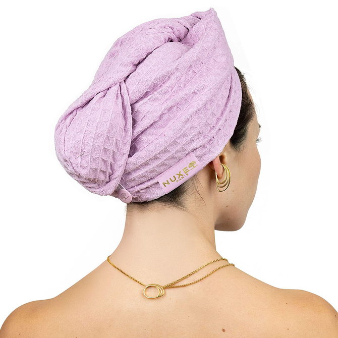 NUXE Purple Hair Towel In Use