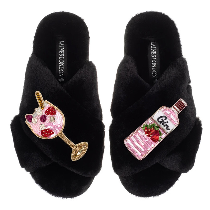 Laines London Classic Black Slippers with Double Pink Gin Brooch
