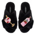 Laines London Classic Black Slippers with Double Pink Gin Brooch