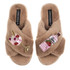 Laines London Classic Toffee Slippers with Double Pink Gin Brooch