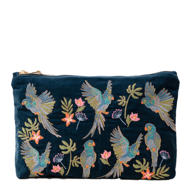 Elizabeth Scarlett Flying Parrots Ink Blue Velvet Everyday Pouch
