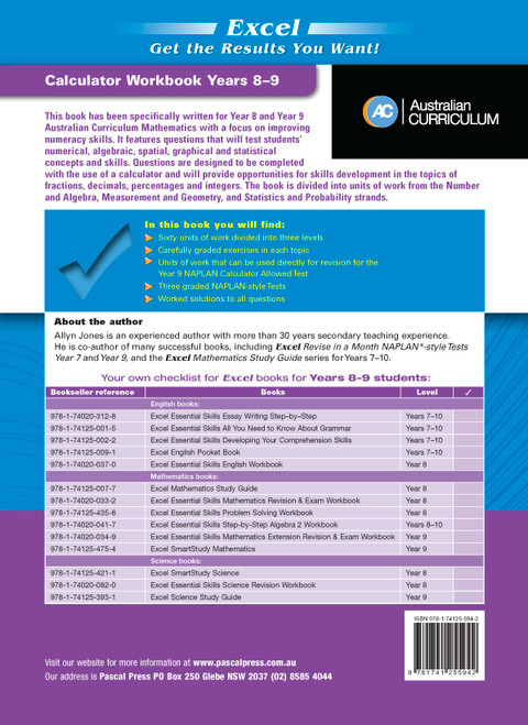 Excel Essential Skills Calculator Workbook Years 8-9 | Pascal Press