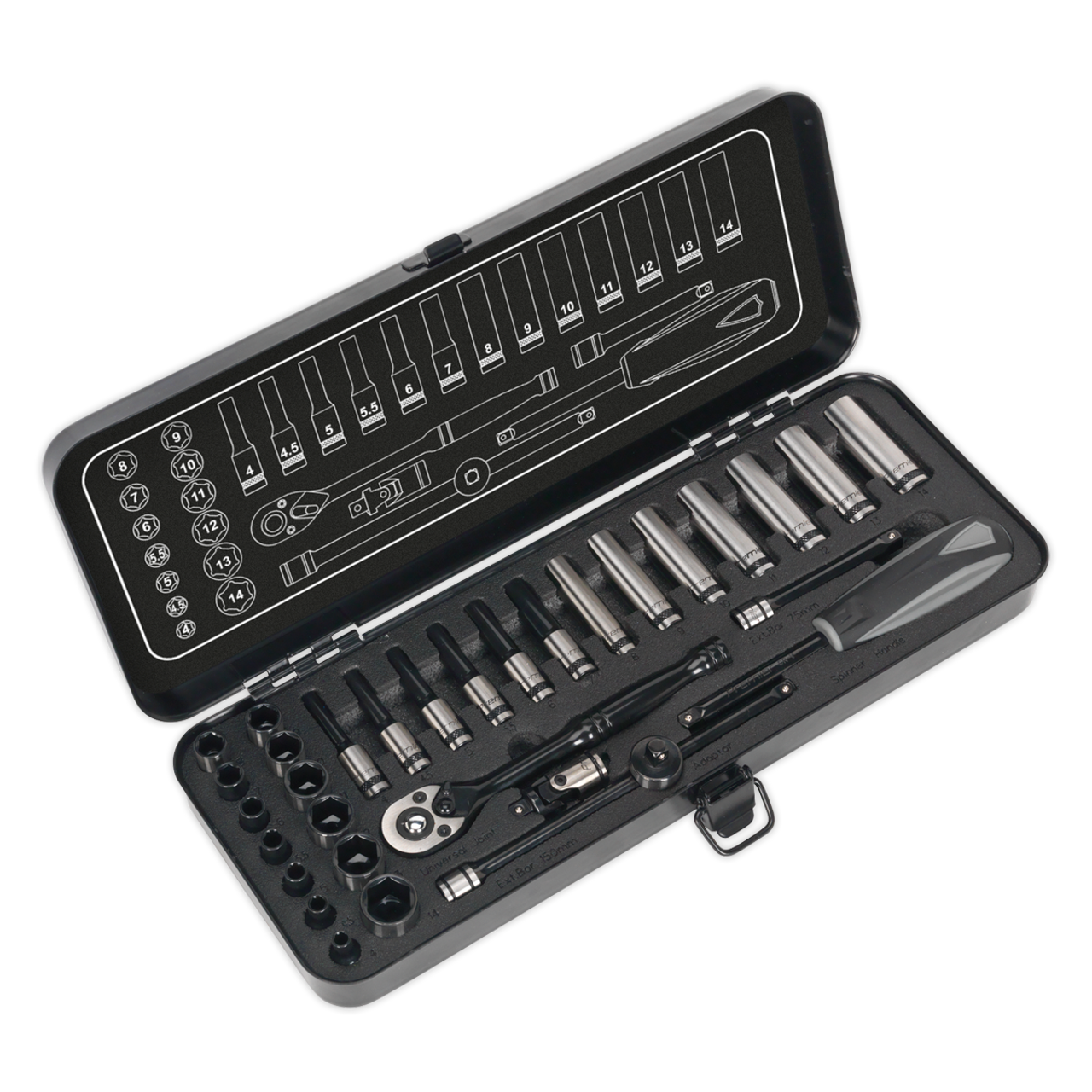 Sealey - Socket Set 32pc 1/4inchSq Drive 6pt WallDrive Metric Black Series