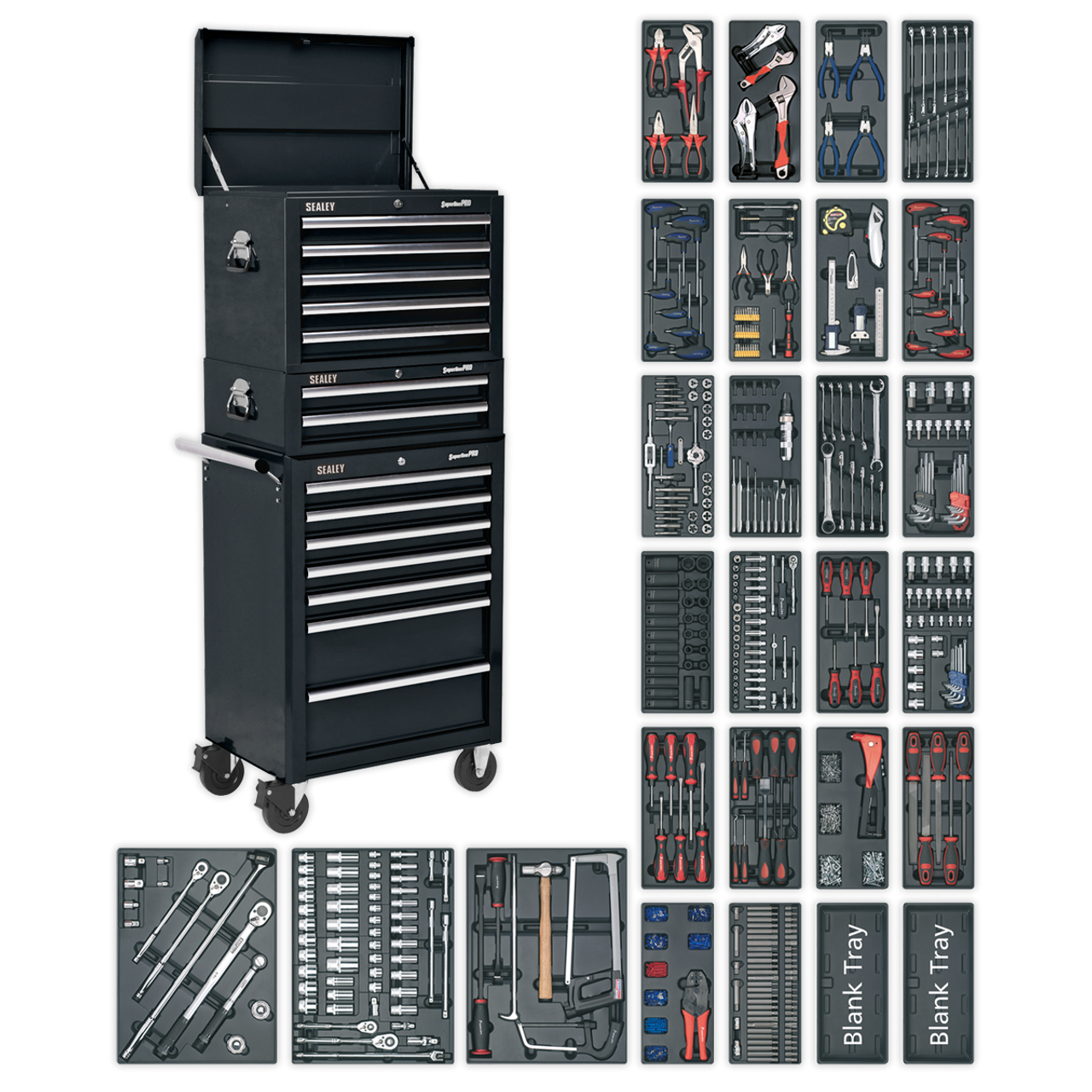 Sealey - Tool Chest Combination 14 Drawer with Ball Bearing Slides Black with 1179pc Tool Kit