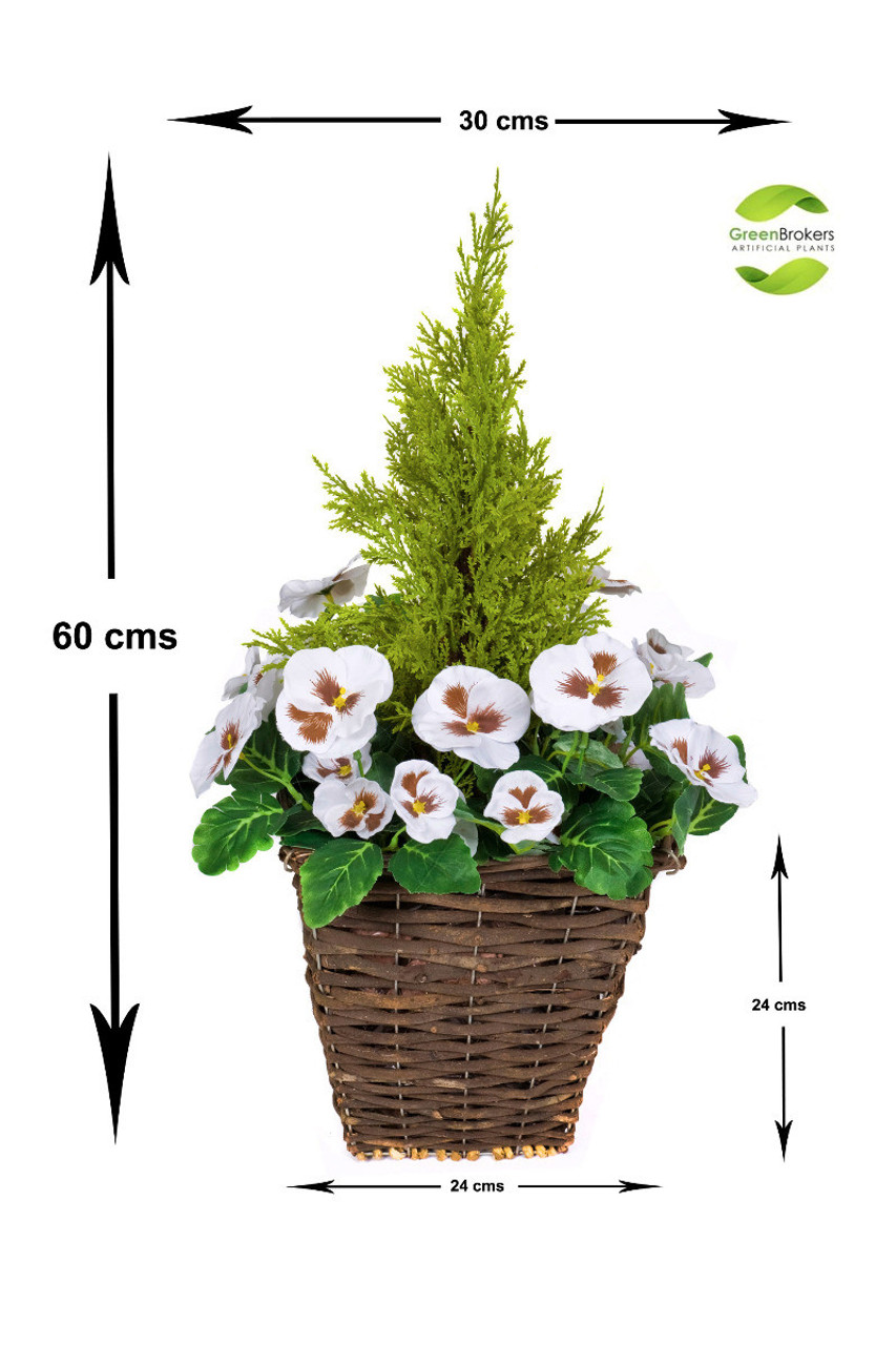 2 x Artificial Rattan Patio Planters with White Pansies and Cedar Conifer