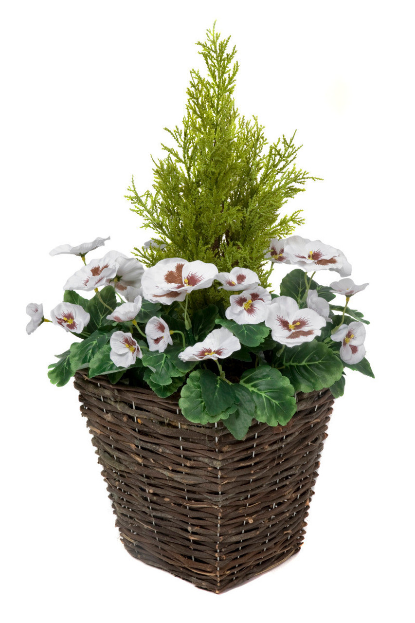 2 x Artificial Rattan Patio Planters with White Pansies and Cedar Conifer
