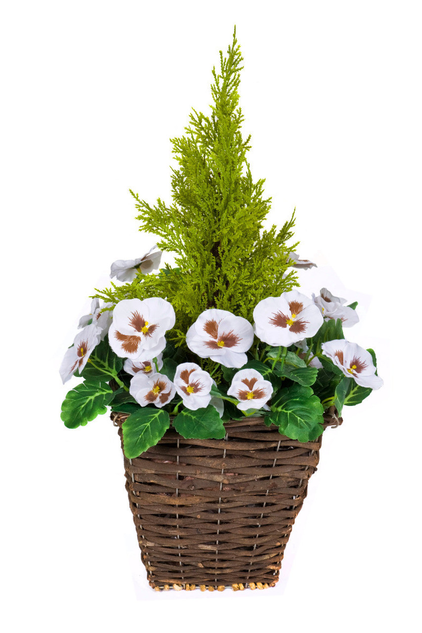 2 x Artificial Rattan Patio Planters with White Pansies and Cedar Conifer