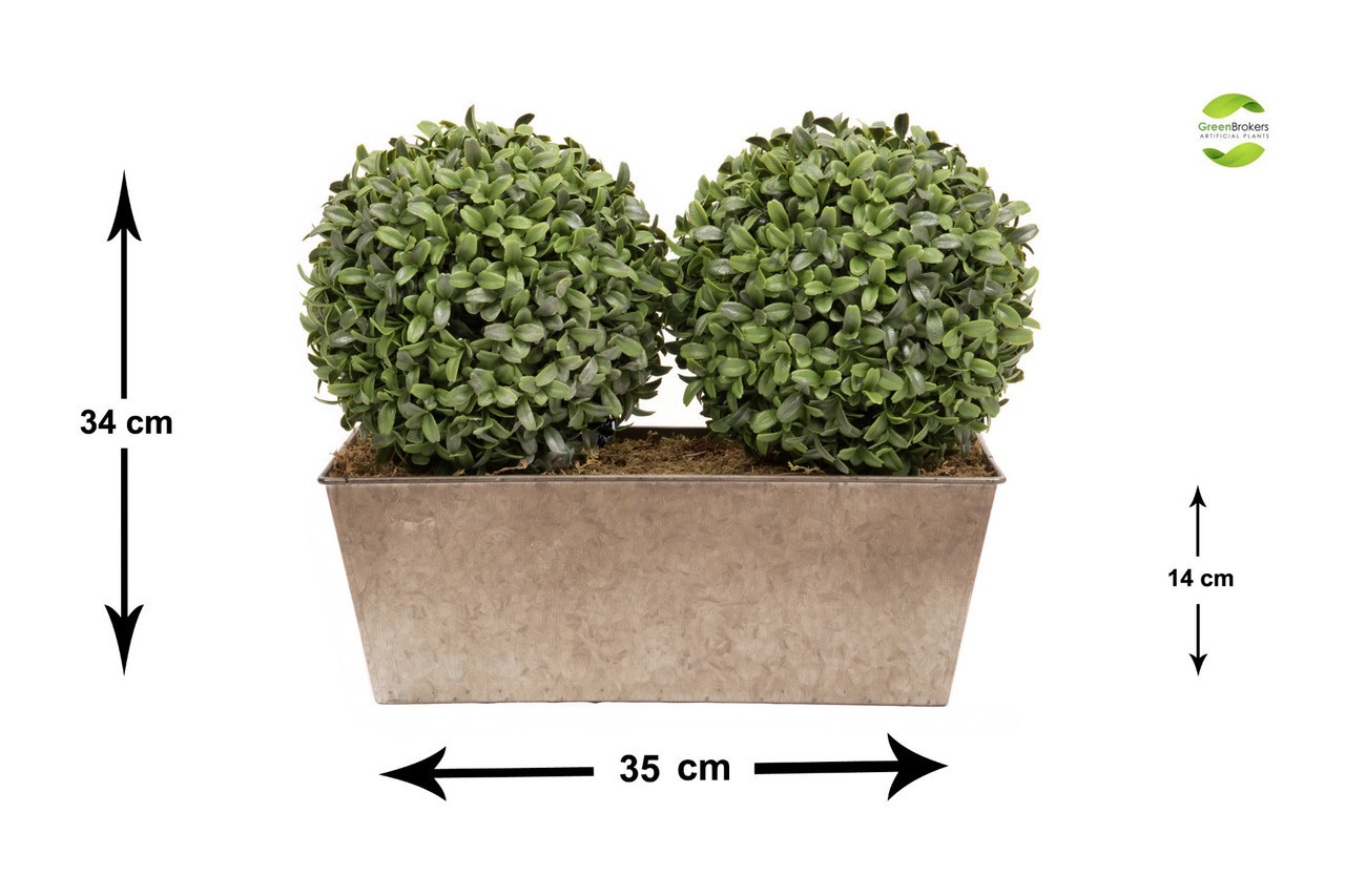 Artificial Topiary Aglaia Boxwood 35cm Window Box Tin Planter Double Ball Rustic