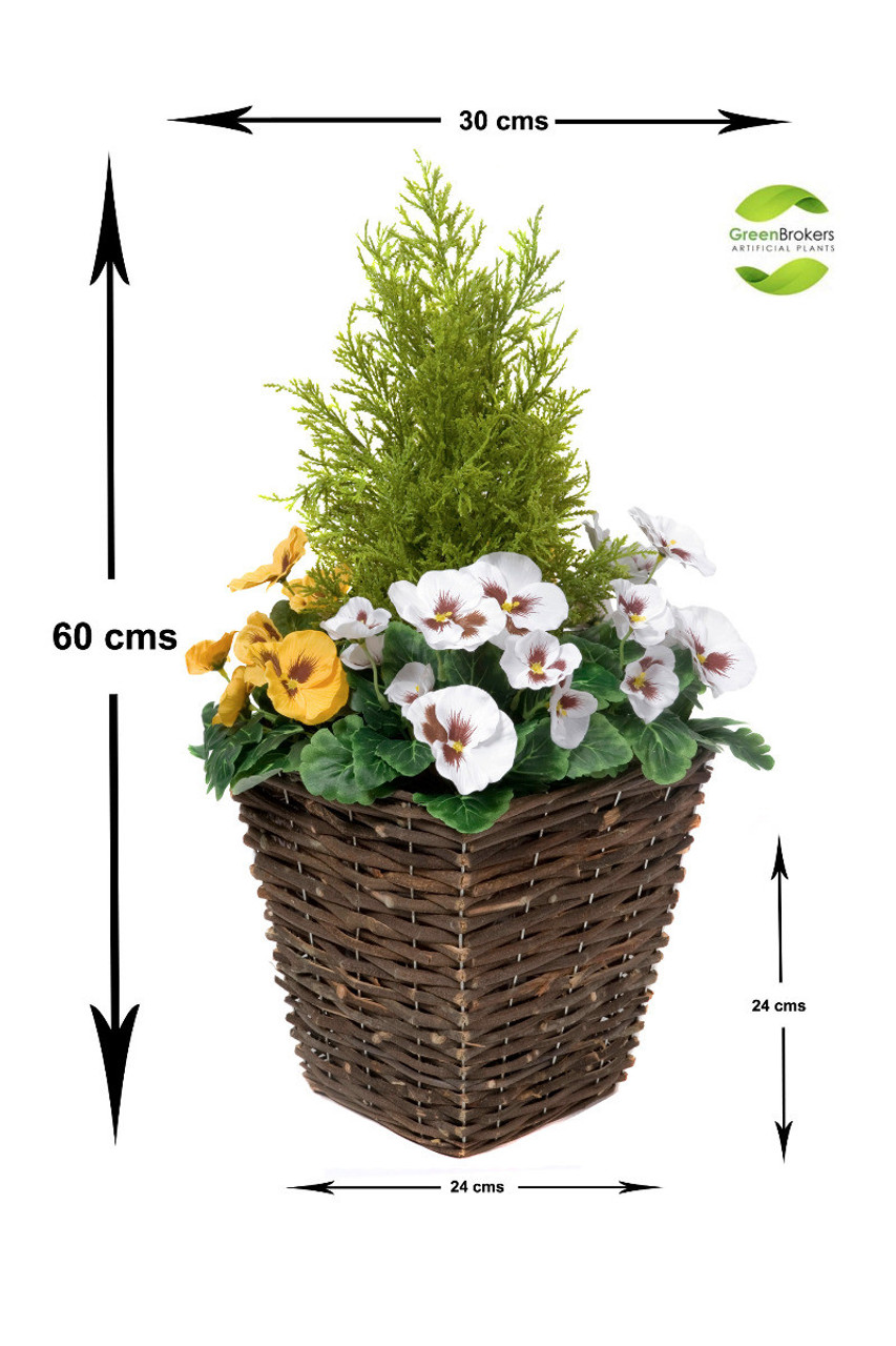 2 x Artificial Rattan Patio Planters with Yellow and White Pansies Cedar Conifer