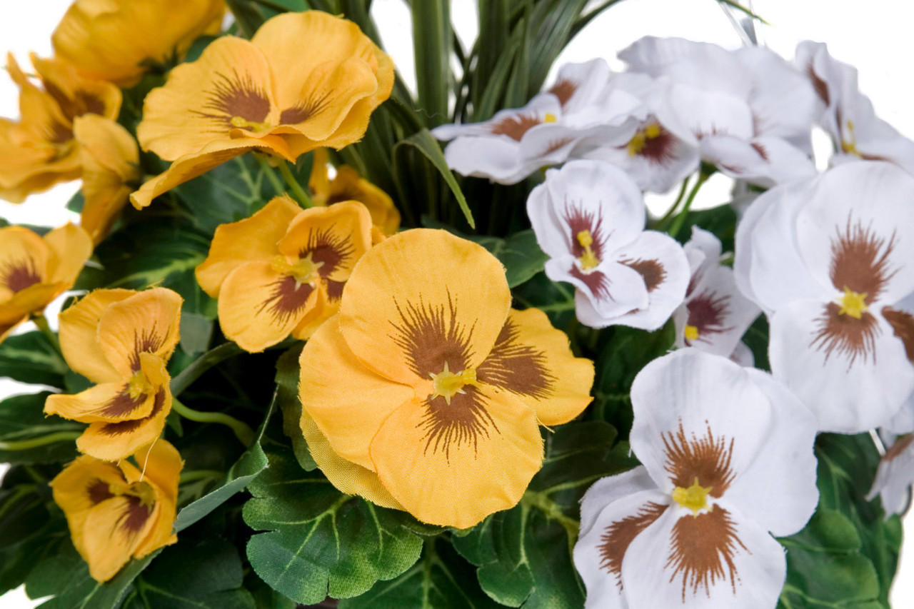 2 x Artificial Rattan Patio Planters with Yellow and White Pansies Cedar Conifer