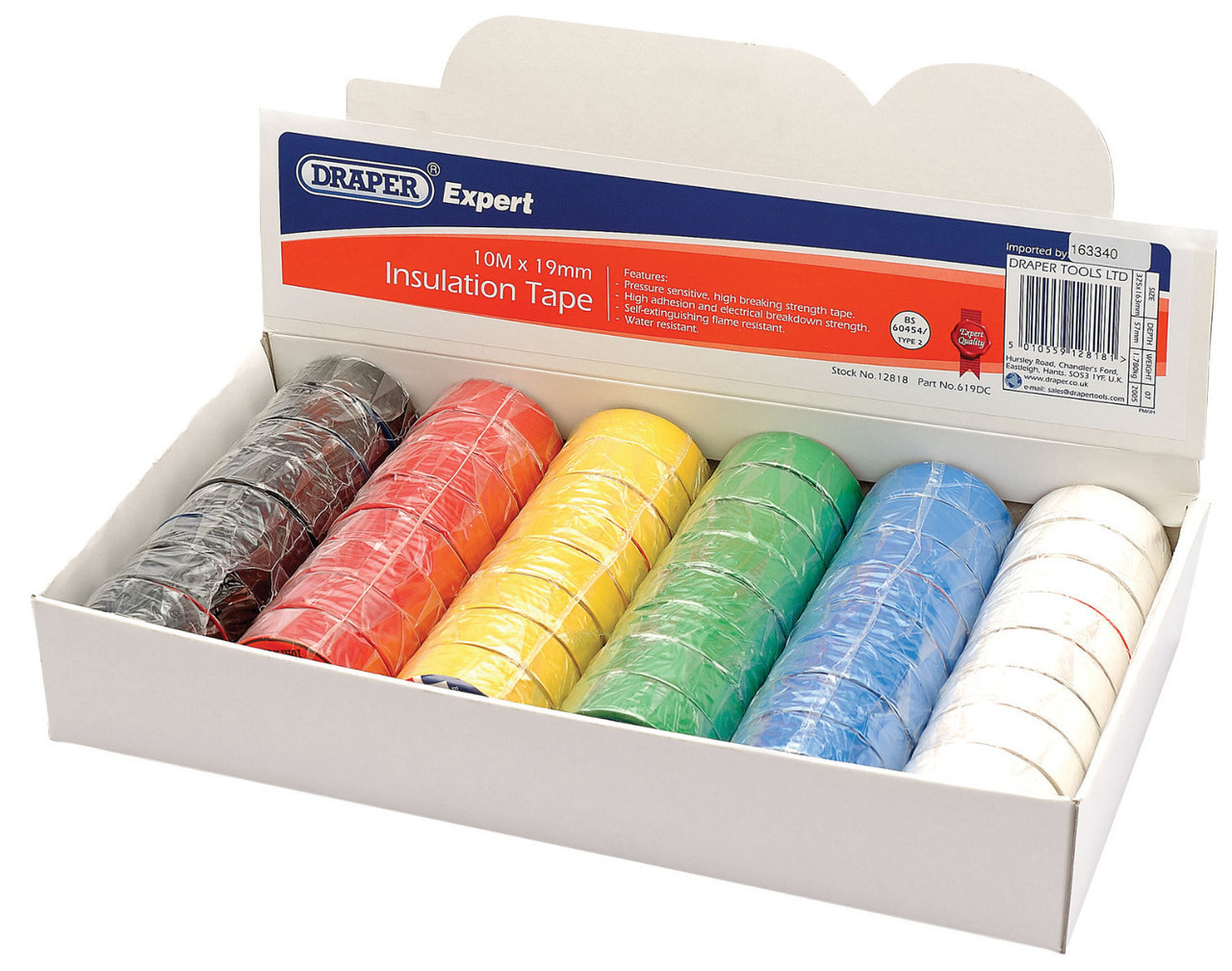 Draper - Countertop Display of 48 Assorted 10M x 19mm Insulation Tape Rolls to BS3924 and BS4J10