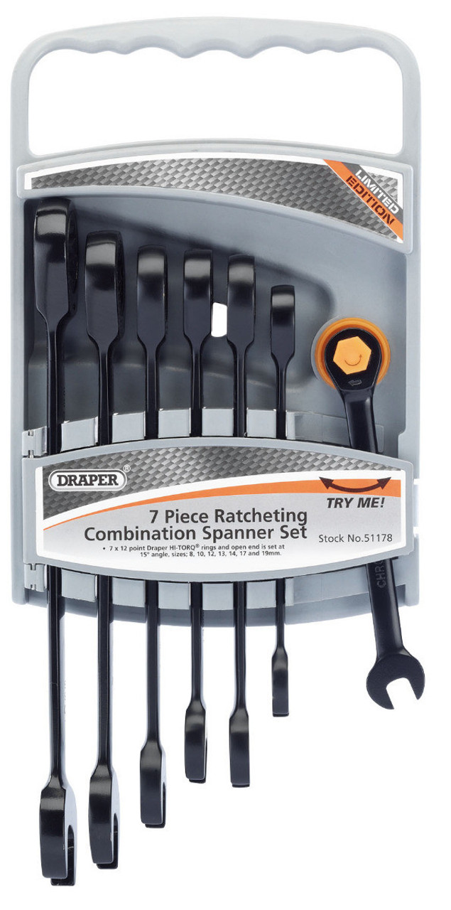 Draper -  Metric Ratcheting Combination Spanner Set Draper -  Hi-Torq 7 Piece