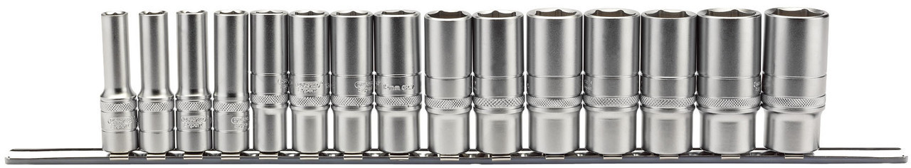 Draper - 3/8inch Sq. Dr. Metric Deep Socket Set on Metal Rail 15 Piece