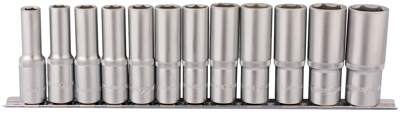 Draper - 1/2inch Sq. Dr. Deep Socket Set on Metal Rail (12 Piece)