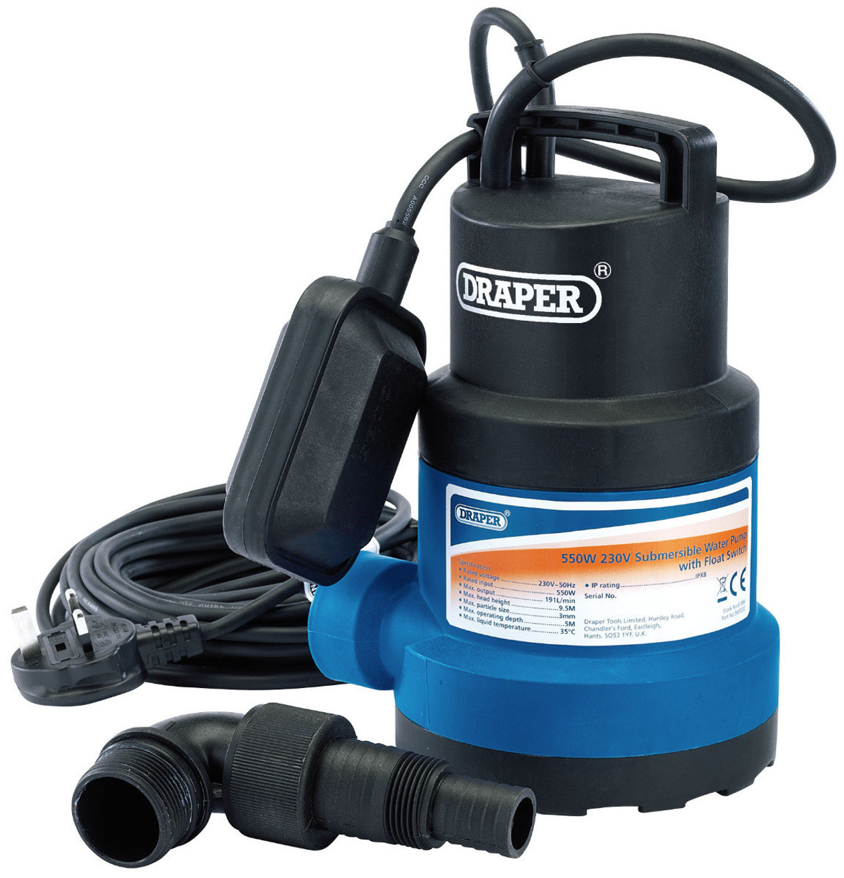 Draper - 191L/Min Submersible Water Pump with Float Switch 550W