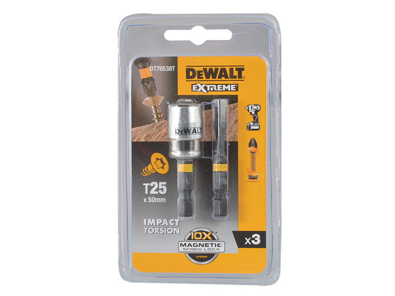 DeWALT Impact Torsion Bits TX25 x  50mm (x2) and Magnetic Screwlock Sleeve